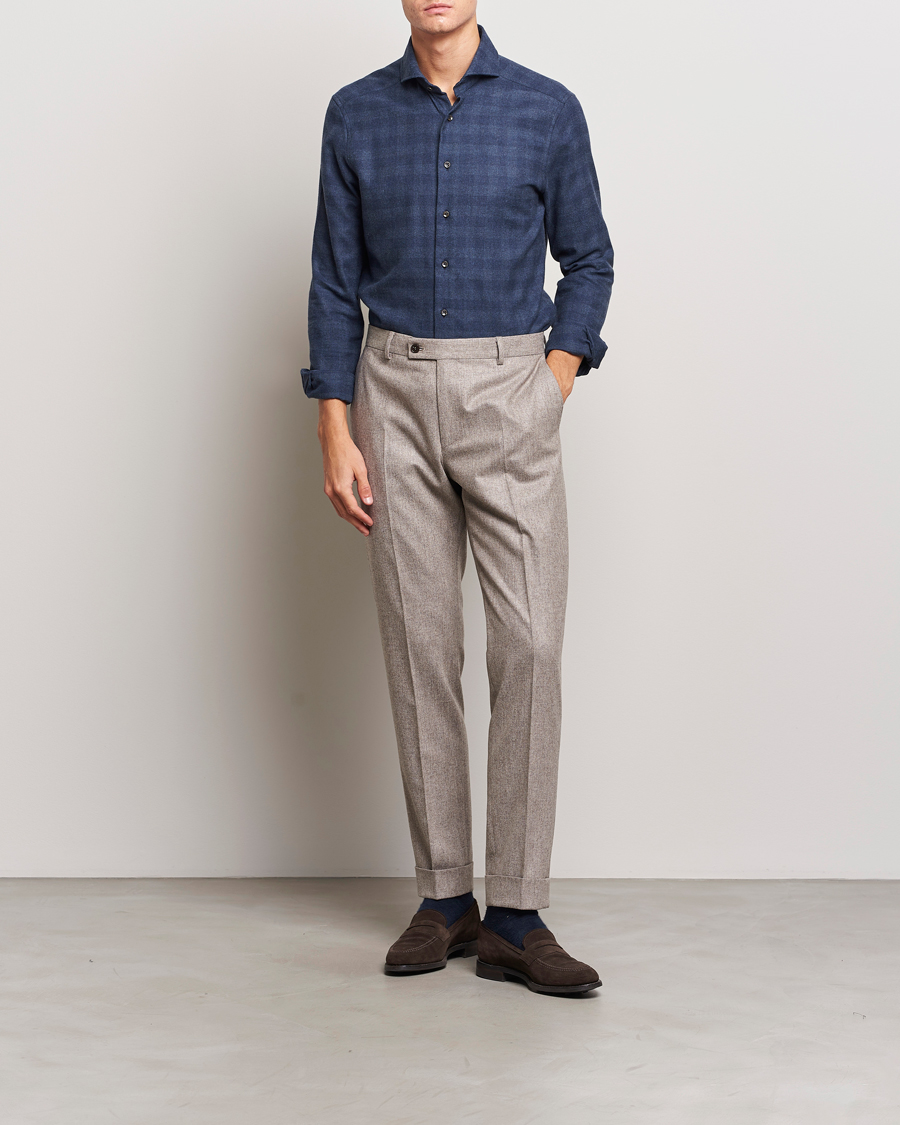 Heren | Overhemden | Stenströms | Slimline Checked Cut Away Flannel Shirt Navy