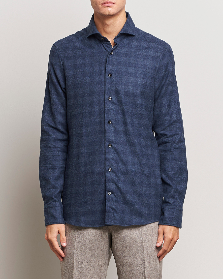 Heren | Overhemden | Stenströms | Slimline Checked Cut Away Flannel Shirt Navy