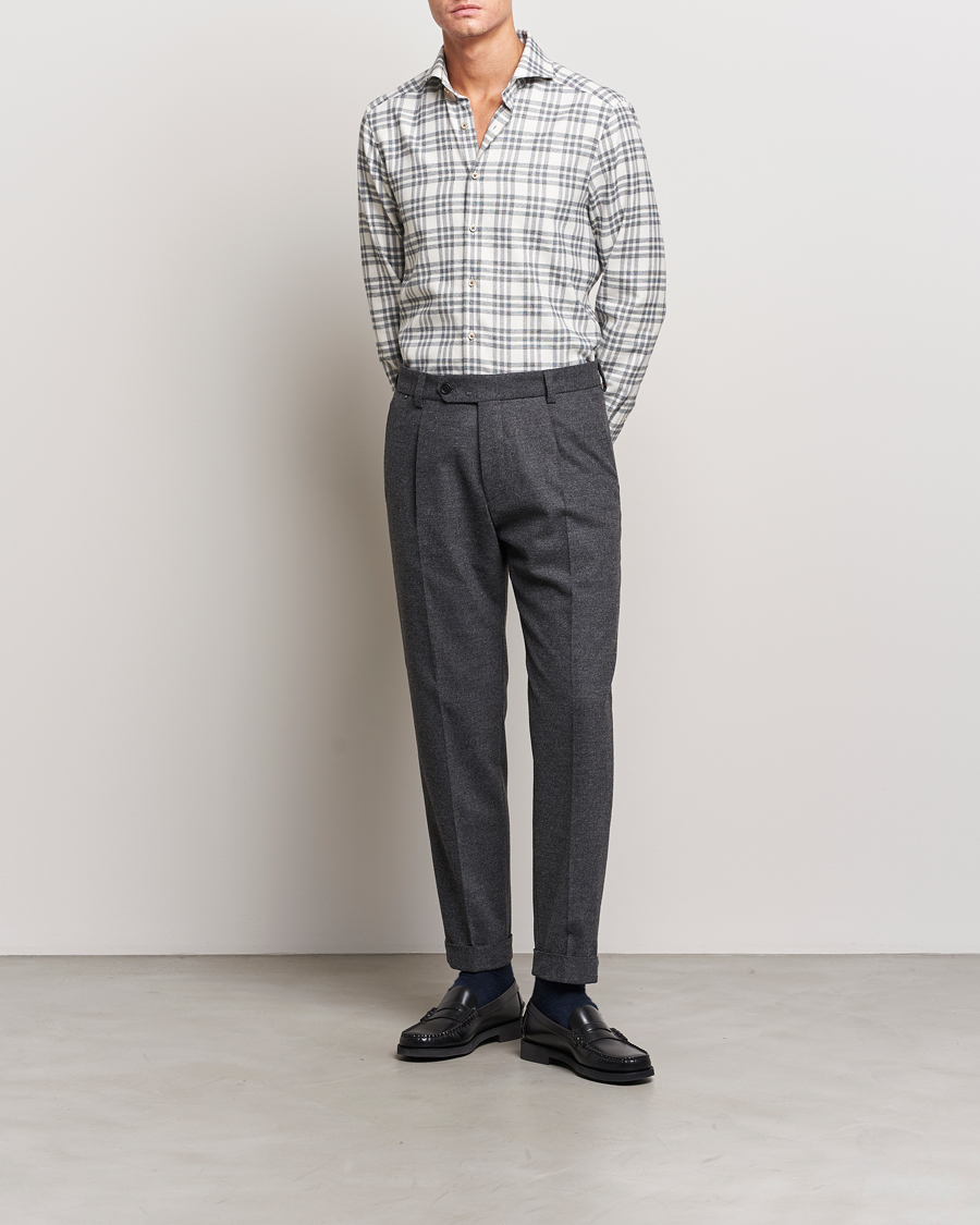 Heren | Overhemden | Stenströms | Slimline Checked Cut Away Flannel Shirt White/Black