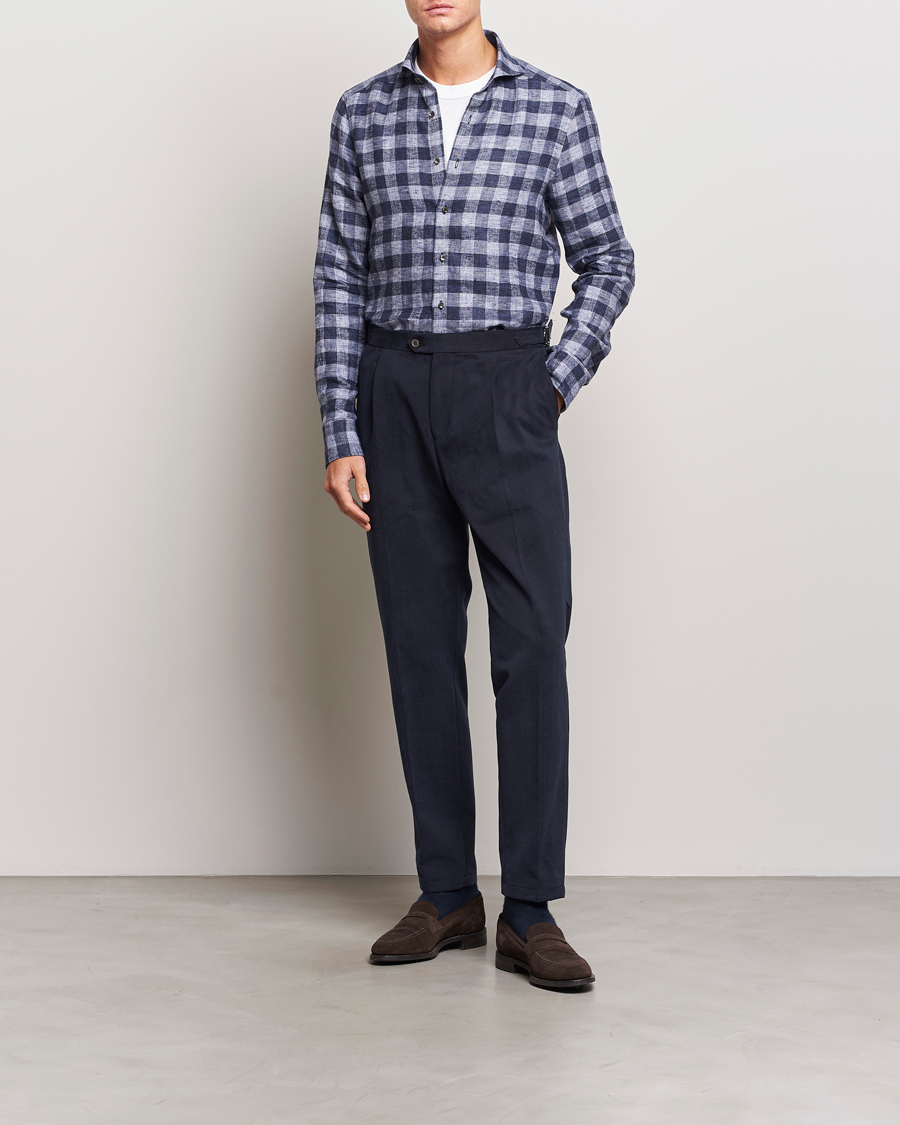 Heren | Overhemden | Stenströms | Slimline Checked Linen Flannel Shirt Blue