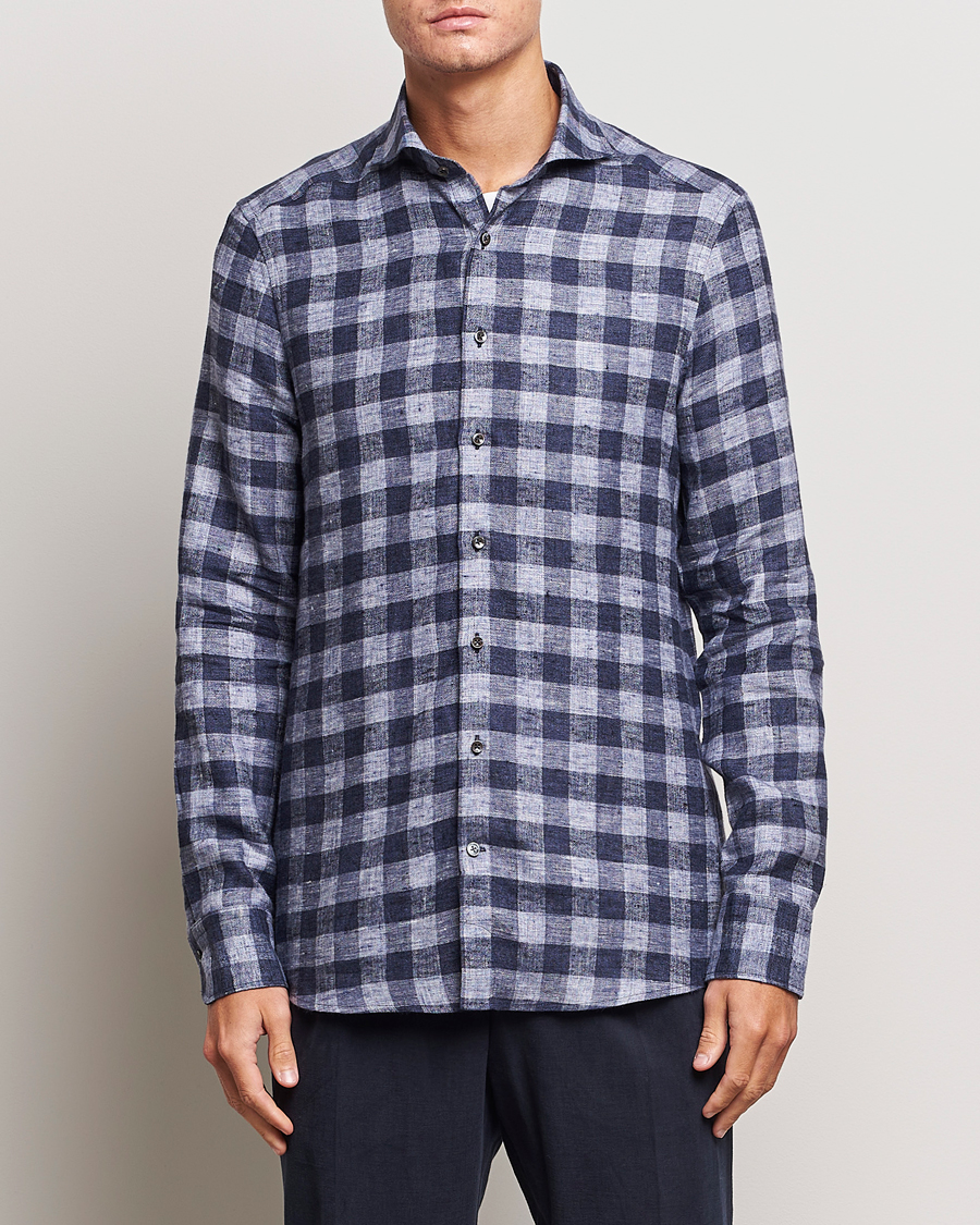 Heren | Overhemden | Stenströms | Slimline Checked Linen Flannel Shirt Blue