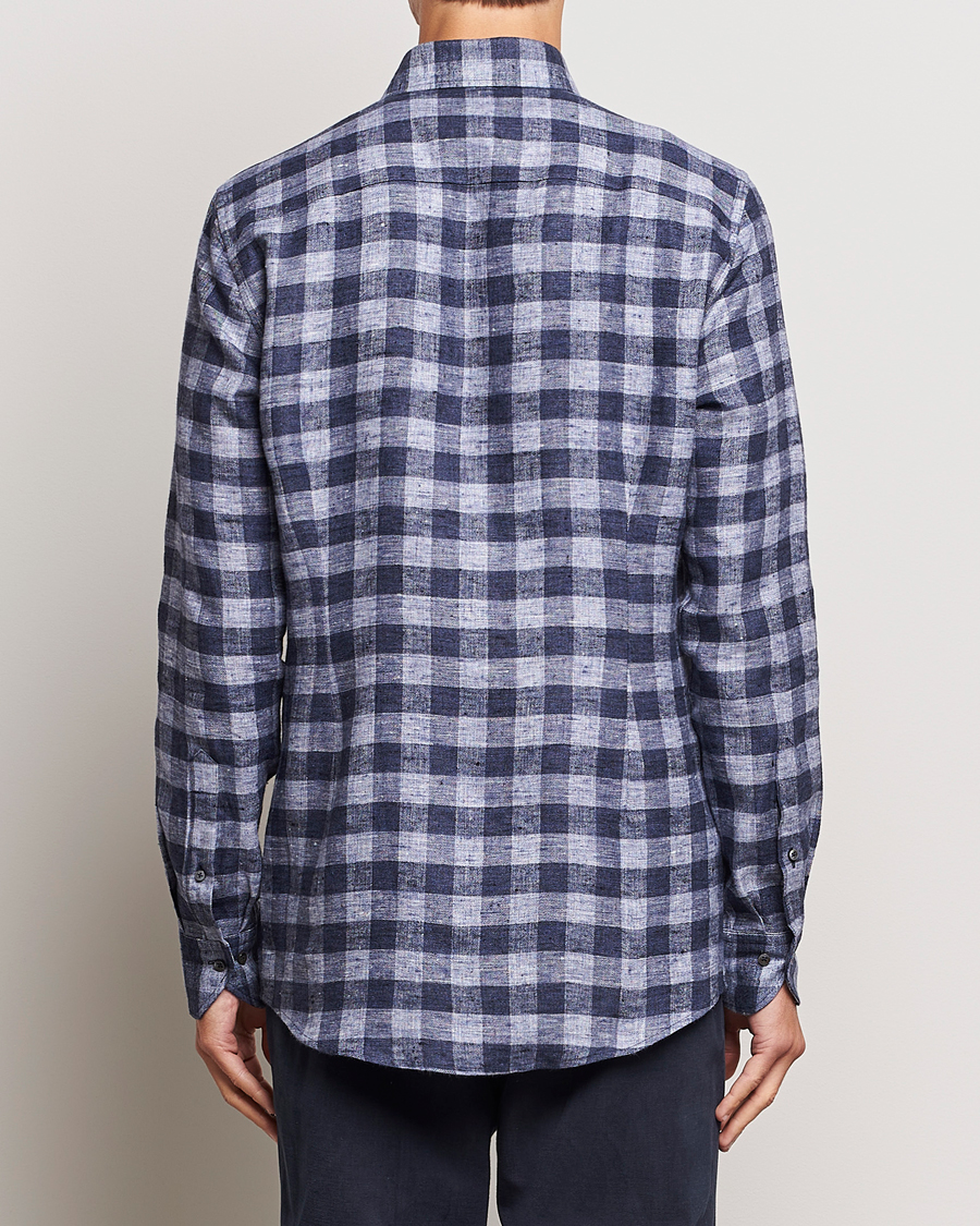 Heren | Overhemden | Stenströms | Slimline Checked Linen Flannel Shirt Blue