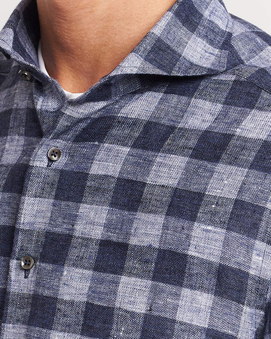 Heren | Overhemden | Stenströms | Slimline Checked Linen Flannel Shirt Blue