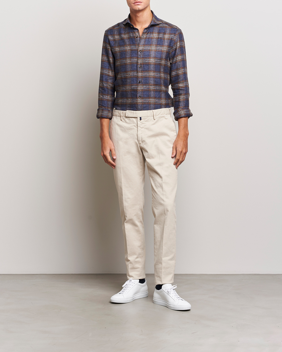 Heren | Overhemden | Stenströms | Slimline Checked Linen Flannel Shirt Brown