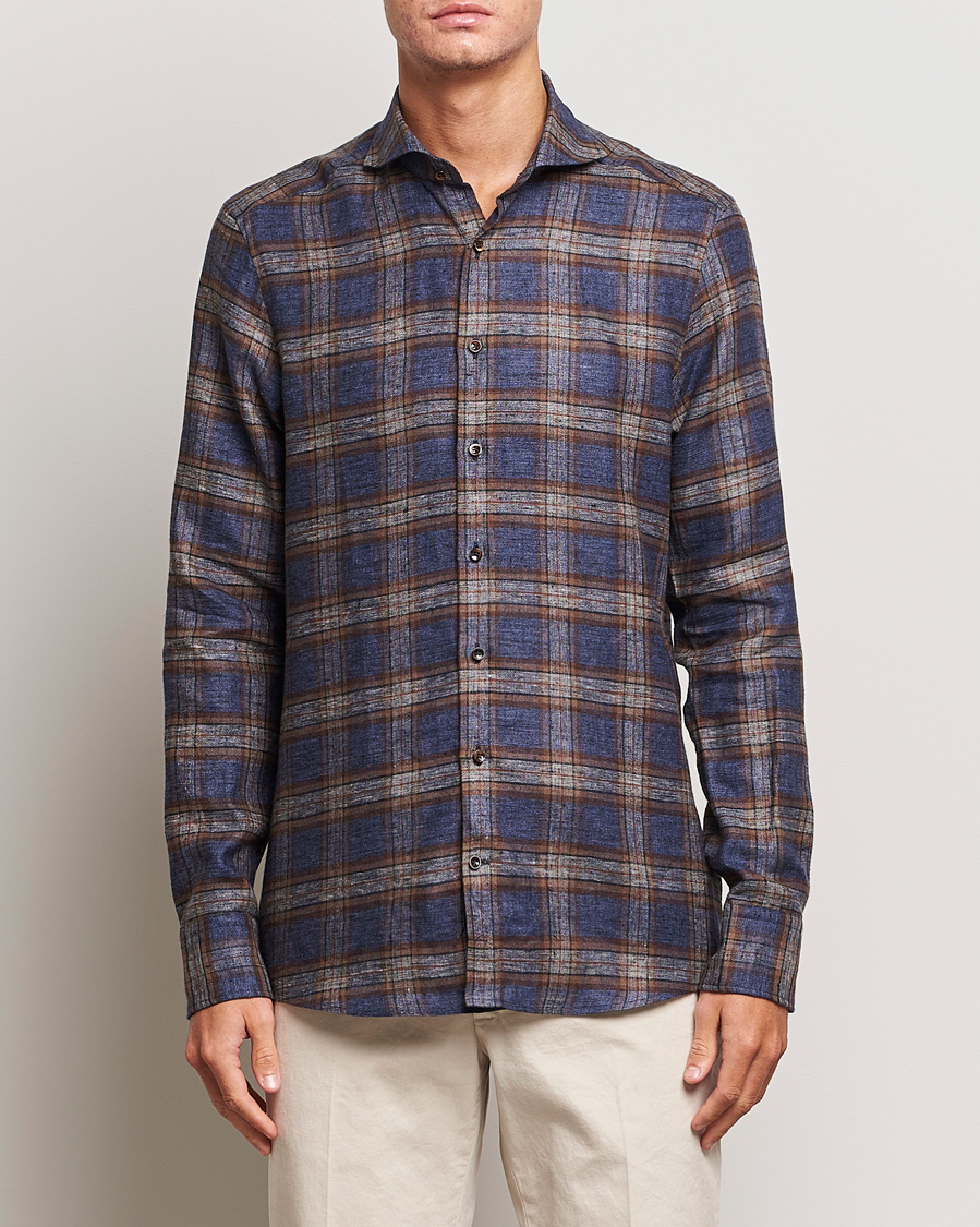 Heren | Overhemden | Stenströms | Slimline Checked Linen Flannel Shirt Brown
