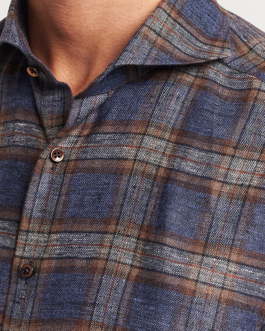 Heren | Overhemden | Stenströms | Slimline Checked Linen Flannel Shirt Brown