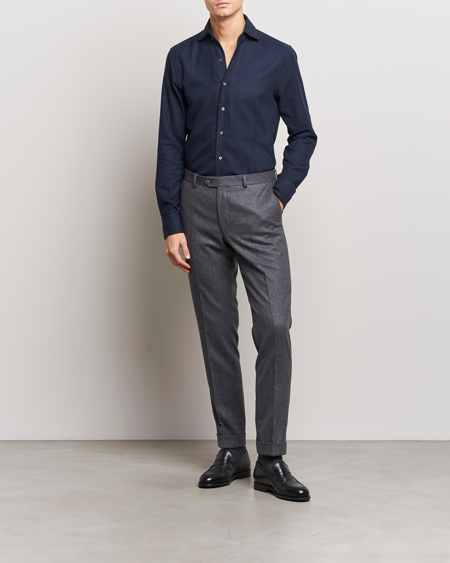 Heren | Overhemden | Stenströms | Slimline Micro Structure Flannel Shirt Navy
