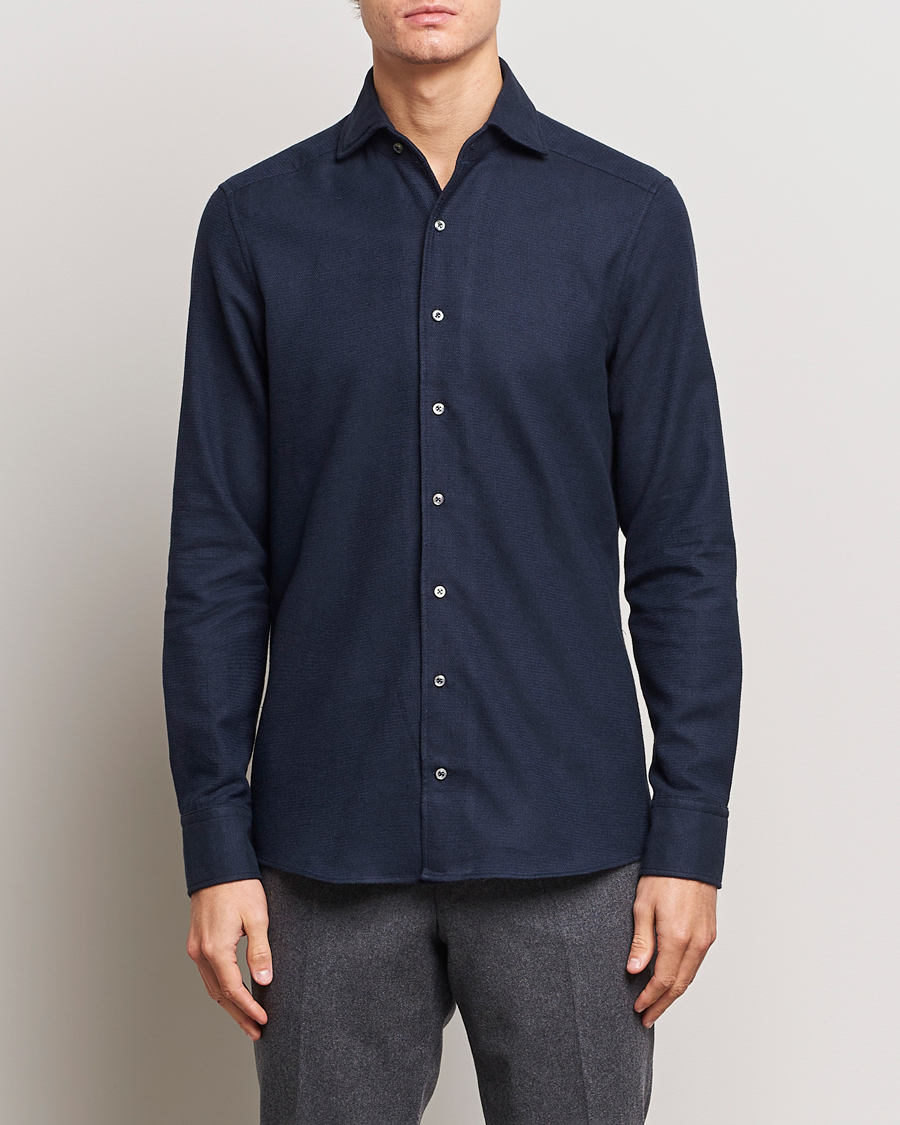 Heren | Overhemden | Stenströms | Slimline Micro Structure Flannel Shirt Navy