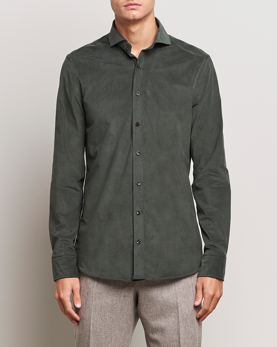 Heren | Overhemden | Stenströms | Slimline Cut Away Corduroy Shirt Dark Green