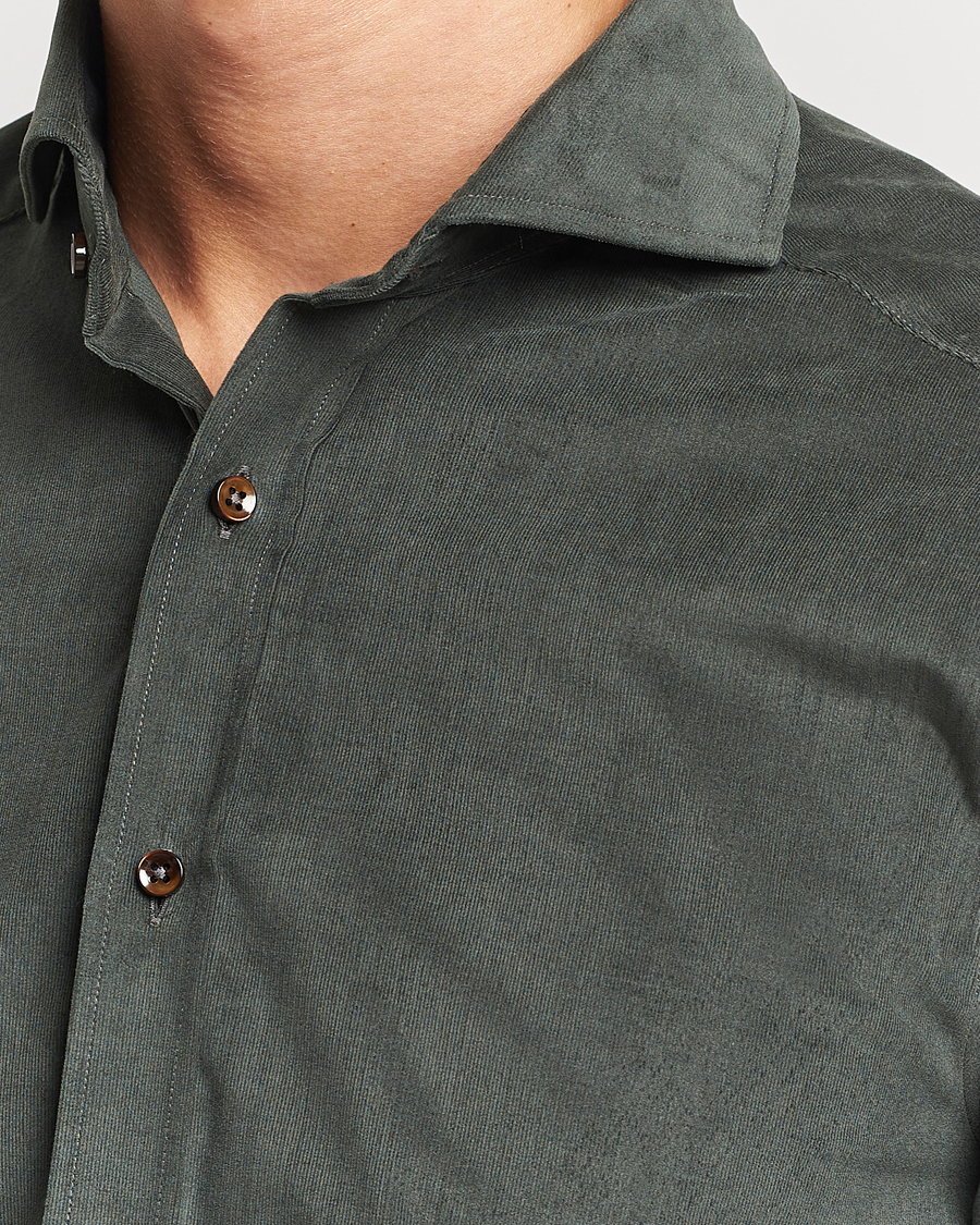 Heren | Overhemden | Stenströms | Slimline Cut Away Corduroy Shirt Dark Green