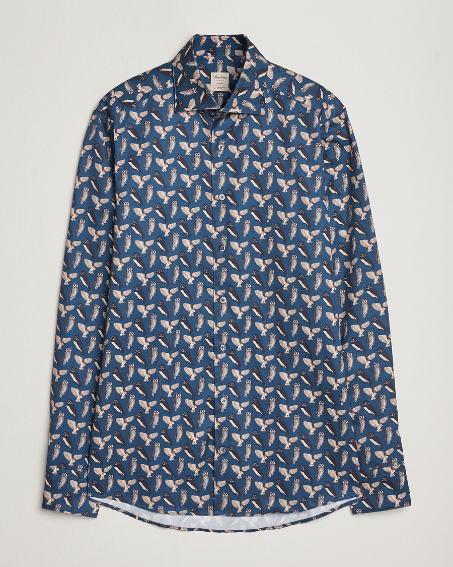 Heren | Overhemden | Stenströms | Slimline Owl Printed Cut Away Shirt Blue