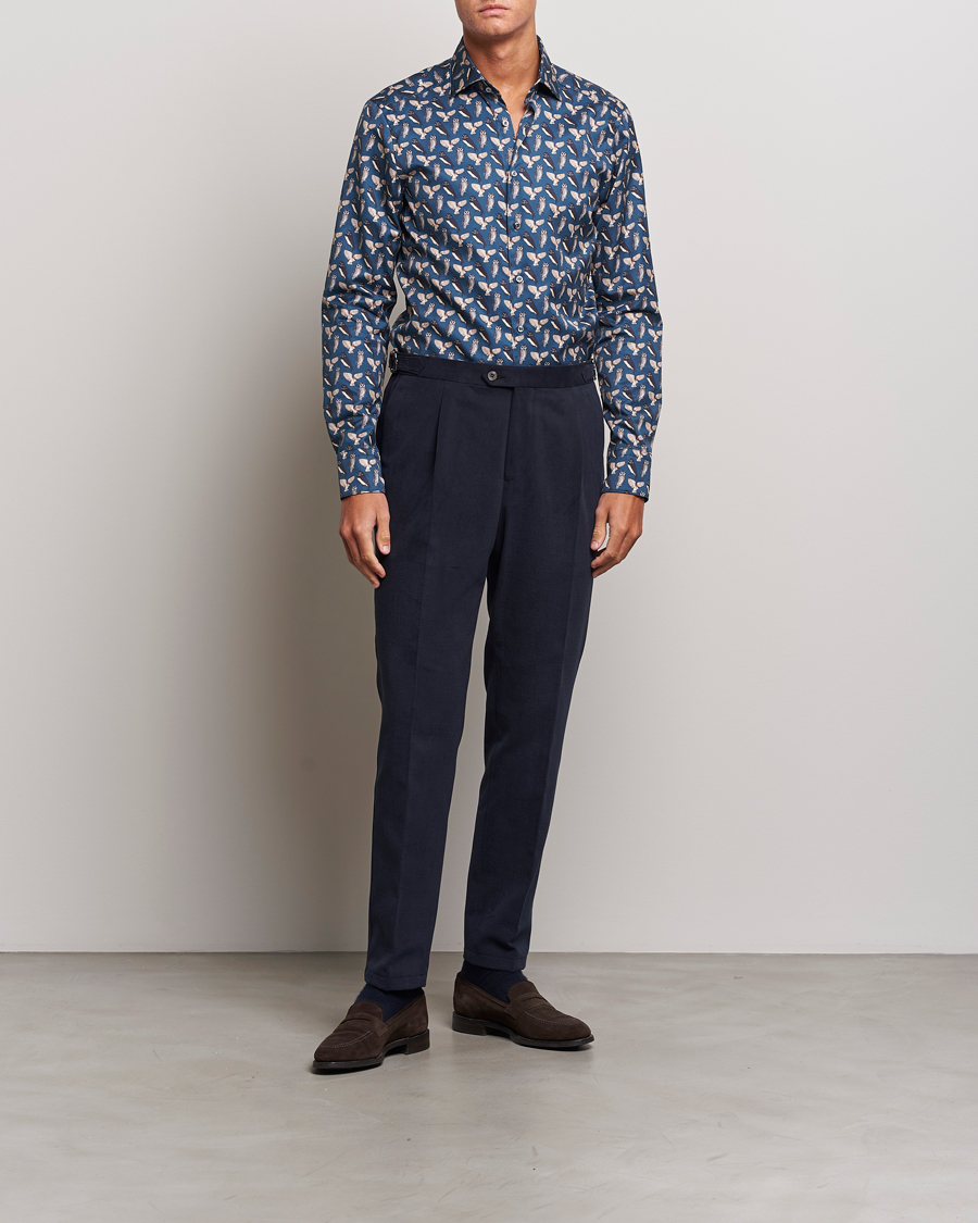 Heren | Overhemden | Stenströms | Slimline Owl Printed Cut Away Shirt Blue