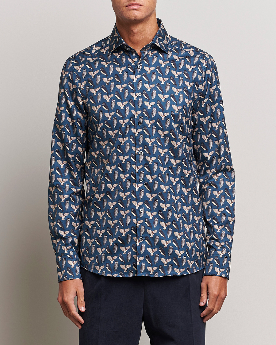 Heren | Overhemden | Stenströms | Slimline Owl Printed Cut Away Shirt Blue