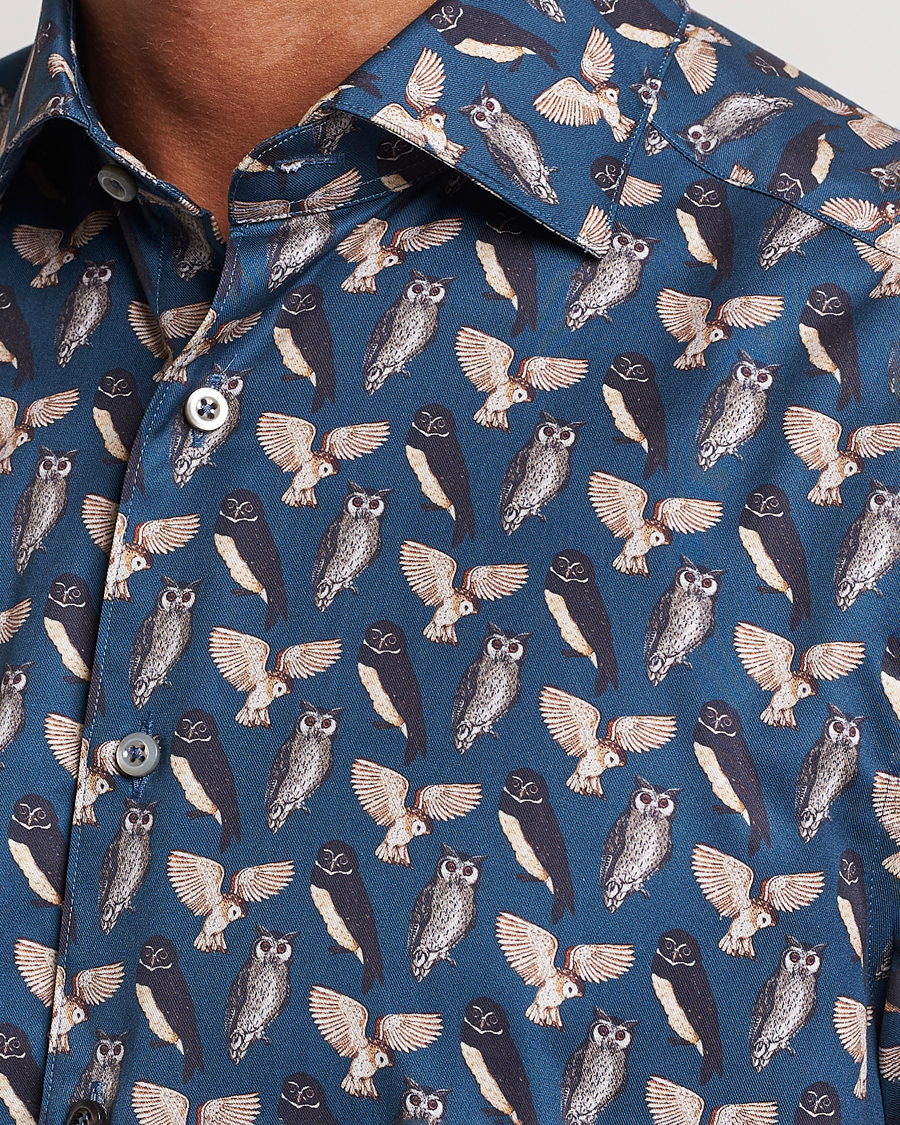 Heren | Overhemden | Stenströms | Slimline Owl Printed Cut Away Shirt Blue