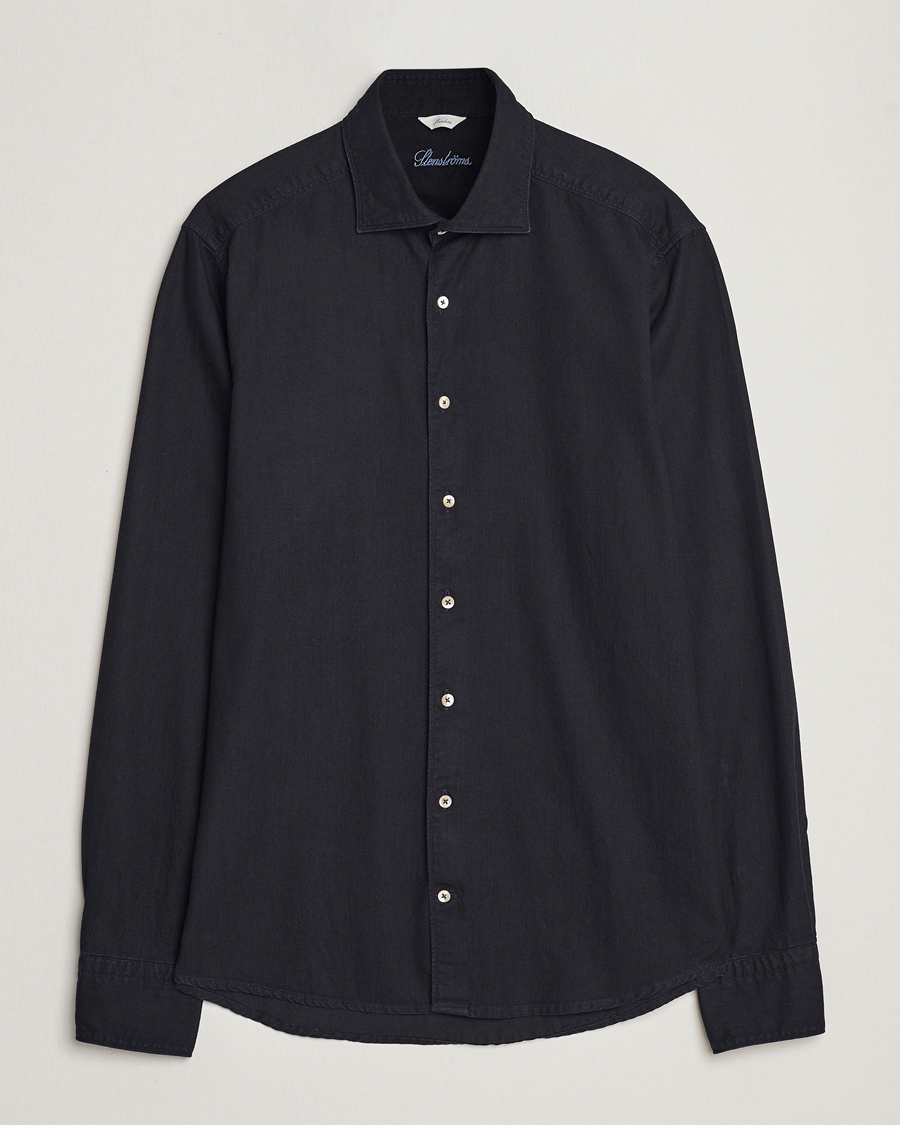 Heren | Overhemden | Stenströms | Slimline Cut Away Overdyed Denim Shirt Dark Blue