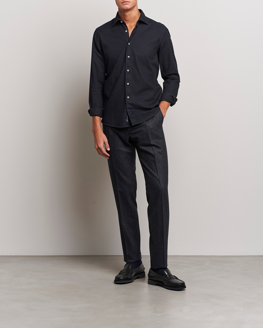 Heren | Overhemden | Stenströms | Slimline Cut Away Overdyed Denim Shirt Dark Blue
