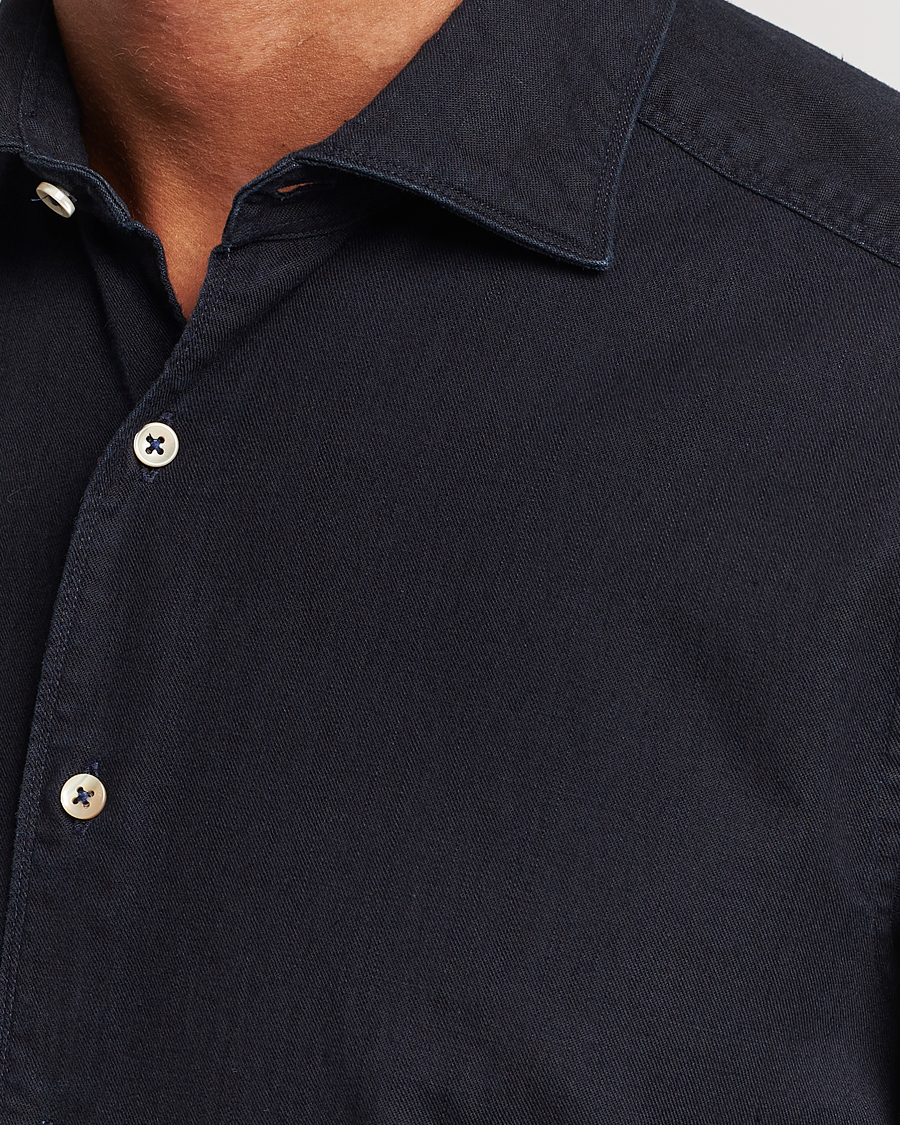 Heren | Overhemden | Stenströms | Slimline Cut Away Overdyed Denim Shirt Dark Blue
