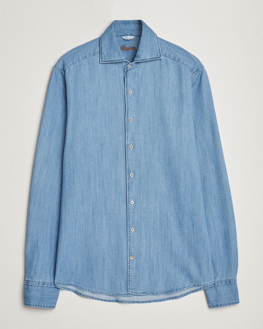 Heren | Overhemden | Stenströms | Slimline One Piece Collar Denim Shirt Light Blue