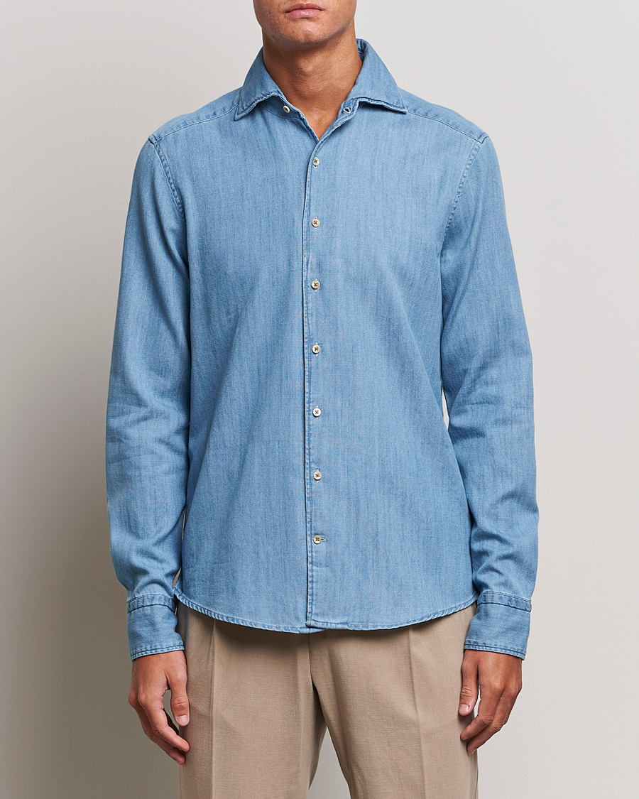 Heren |  | Stenströms | Slimline One Piece Collar Denim Shirt Light Blue