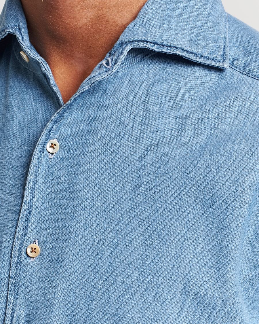Heren | Overhemden | Stenströms | Slimline One Piece Collar Denim Shirt Light Blue