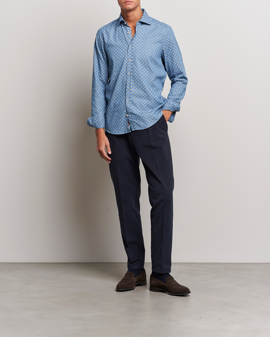 Heren | Overhemden | Stenströms | Slimline Printed Cut Away Denim Shirt Light Blue