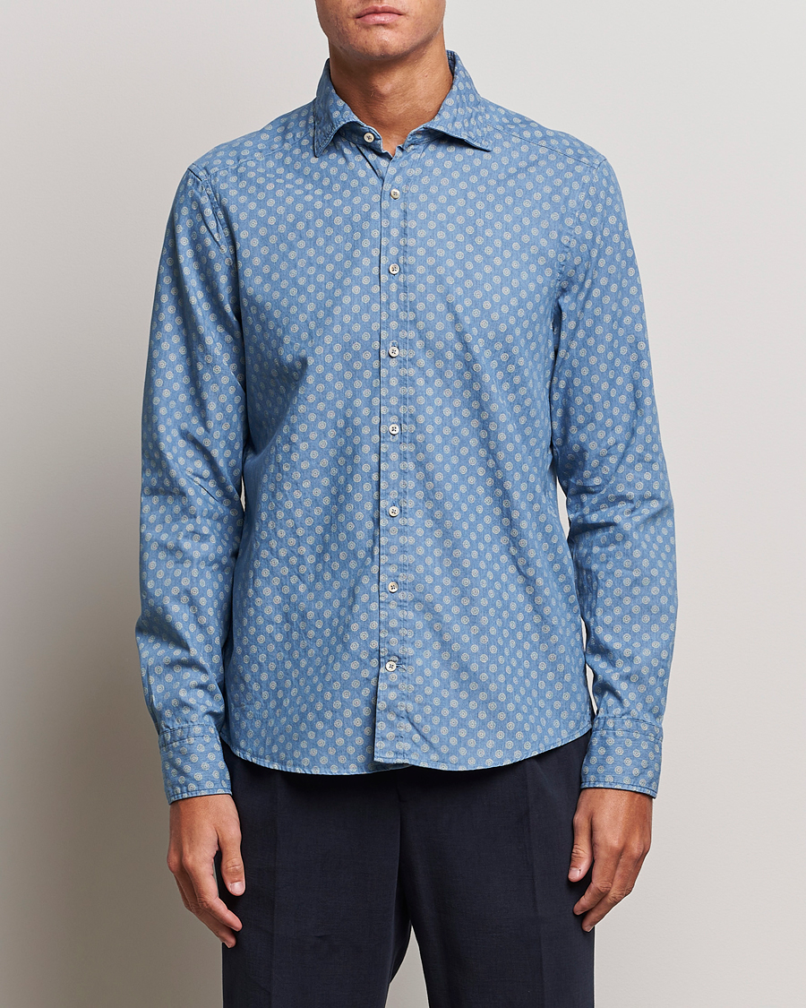 Heren |  | Stenströms | Slimline Printed Cut Away Denim Shirt Light Blue