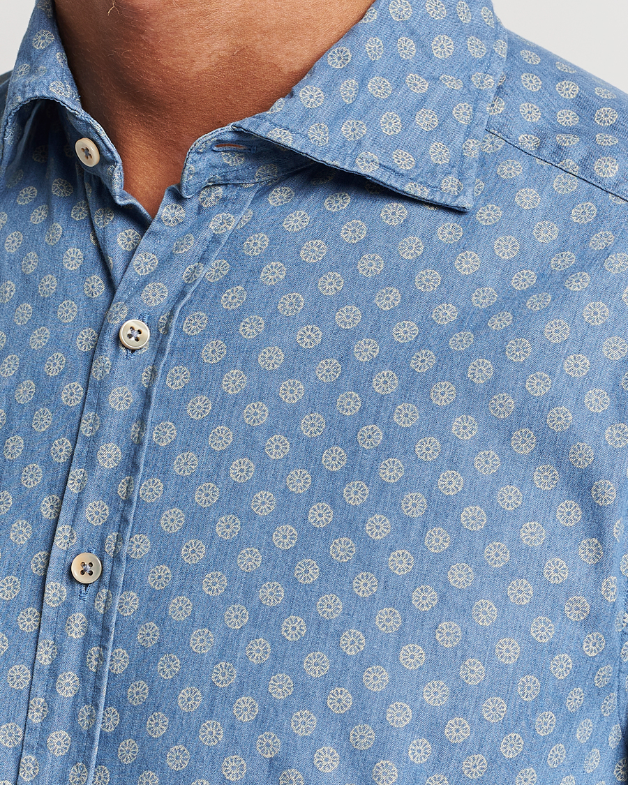Heren | Overhemden | Stenströms | Slimline Printed Cut Away Denim Shirt Light Blue