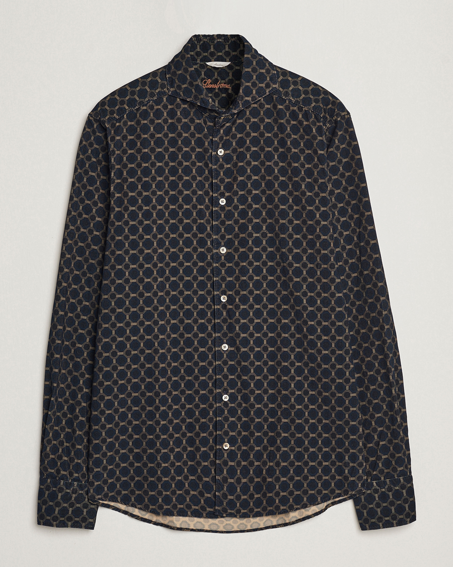 Heren | Overhemden | Stenströms | Slimline Babycord Printed Cut Away Shirt Navy
