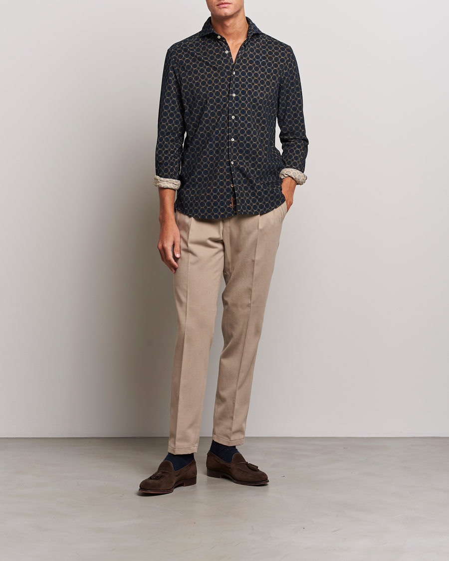 Heren | Overhemden | Stenströms | Slimline Babycord Printed Cut Away Shirt Navy