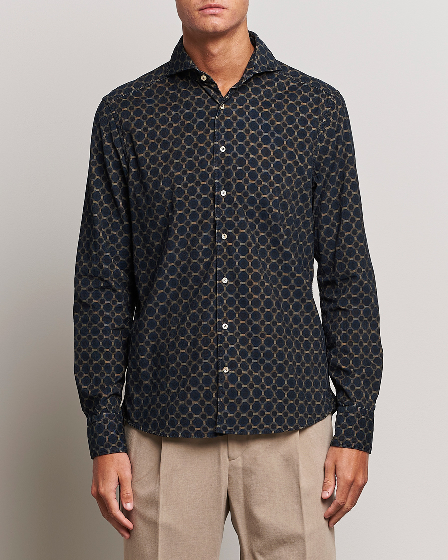 Heren | Stenströms | Stenströms | Slimline Babycord Printed Cut Away Shirt Navy