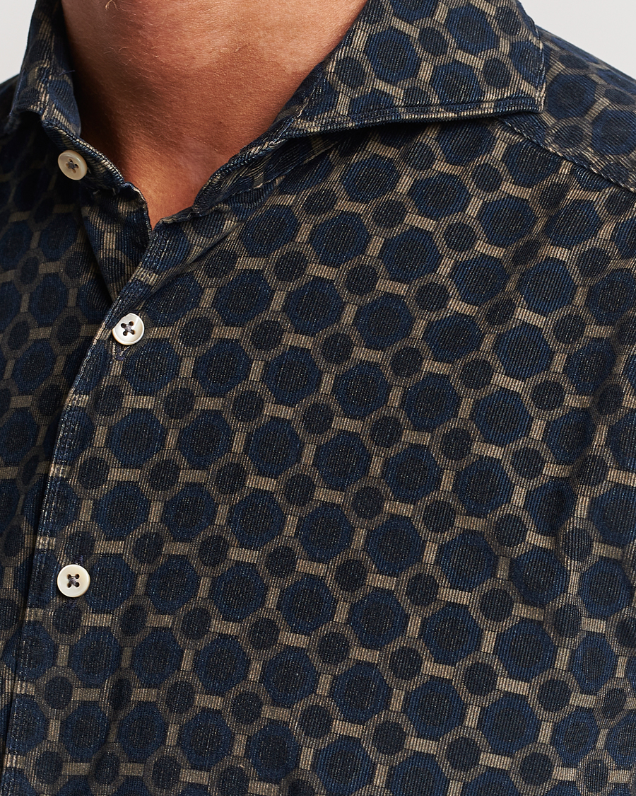 Heren | Overhemden | Stenströms | Slimline Babycord Printed Cut Away Shirt Navy