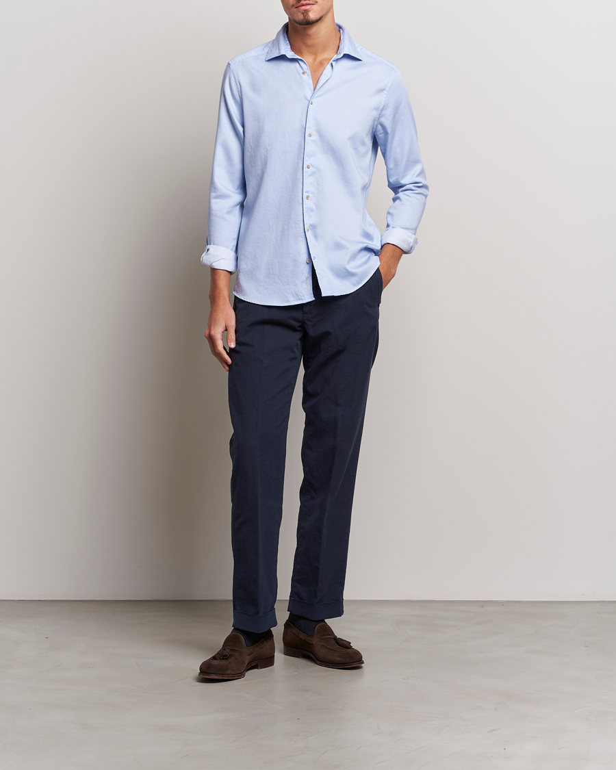 Heren | Overhemden | Stenströms | Slimline Printed Oxford Washed Cut Away Shirt Light Blue