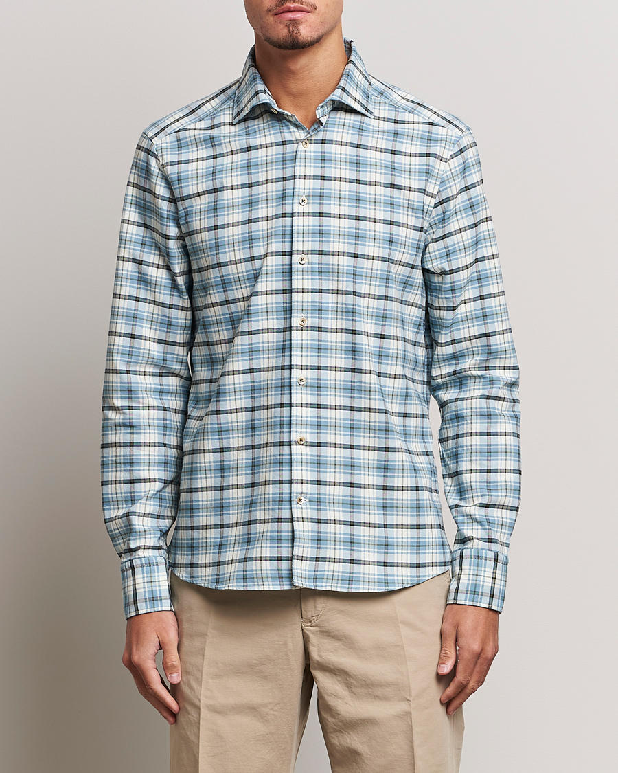 Heren | Casual | Stenströms | Slimline Checked Oxford Cut Away Shirt Light Blue