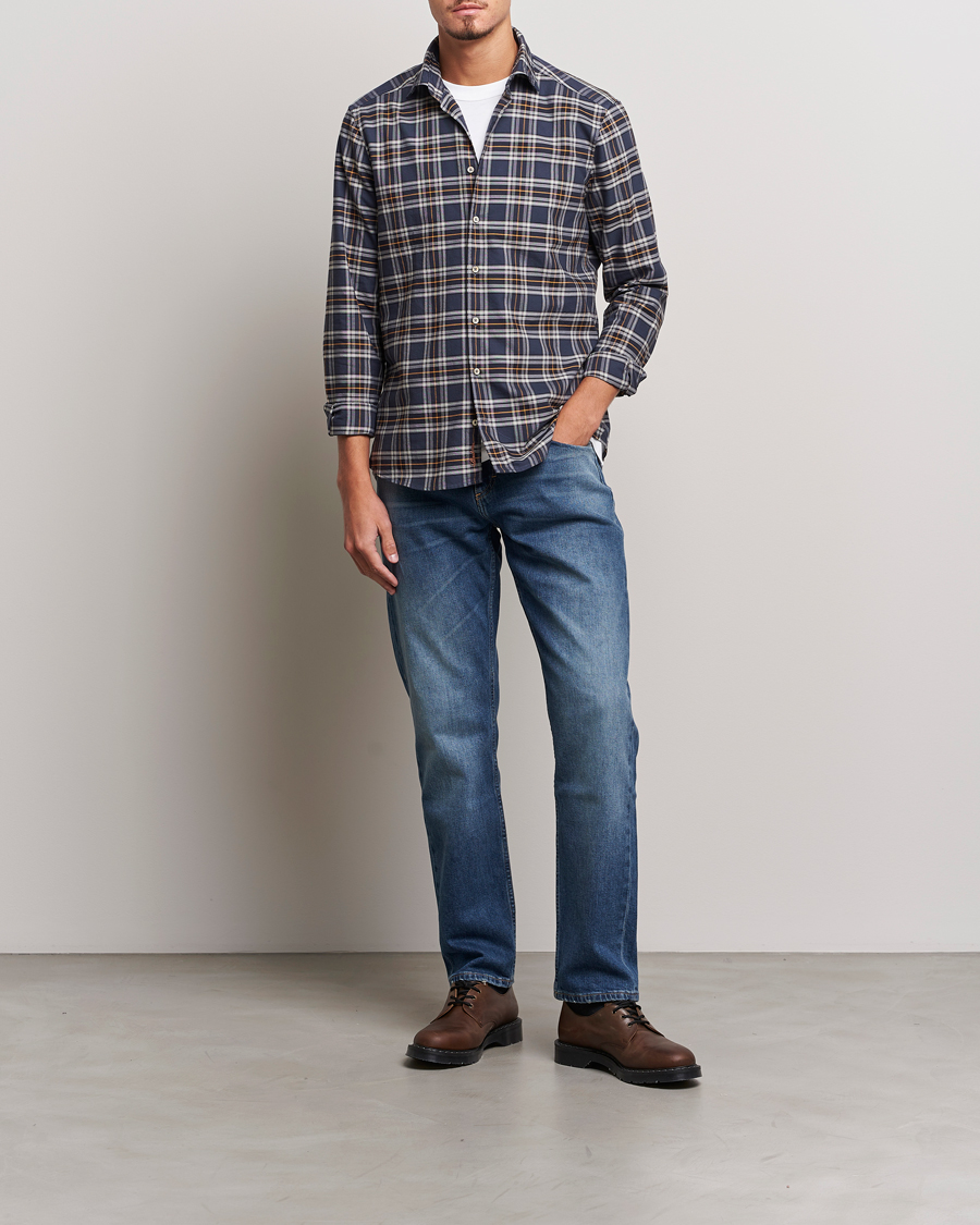 Heren | Overhemden | Stenströms | Slimline Checked Oxford Cut Away Shirt Blue