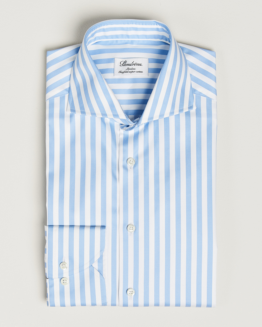 Heren | Overhemden | Stenströms | Slimline Bold Stripe 2-Fold Cut Away Shirt Light Blue