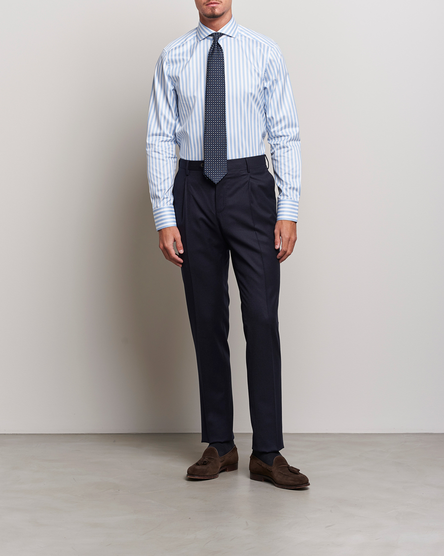 Heren | Overhemden | Stenströms | Slimline Bold Stripe 2-Fold Cut Away Shirt Light Blue
