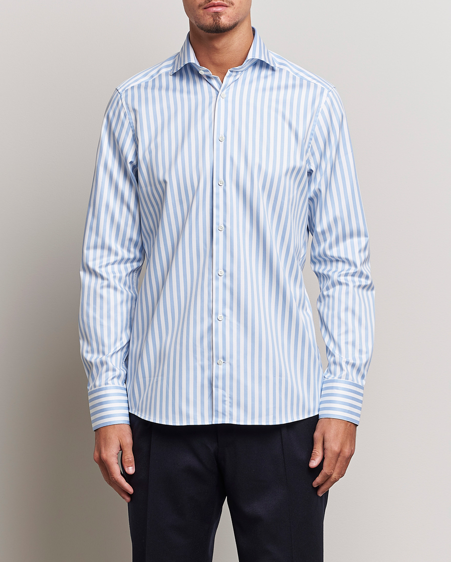 Heren | Overhemden | Stenströms | Slimline Bold Stripe 2-Fold Cut Away Shirt Light Blue