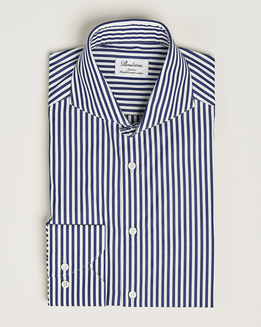 Heren | Overhemden | Stenströms | Slimline Striped Popline Cut Away Shirt Navy