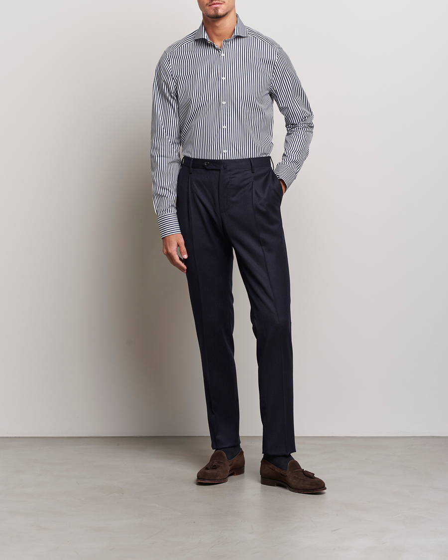 Heren | Overhemden | Stenströms | Slimline Striped Popline Cut Away Shirt Navy