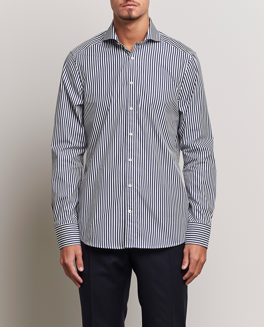 Heren | Overhemden | Stenströms | Slimline Striped Popline Cut Away Shirt Navy