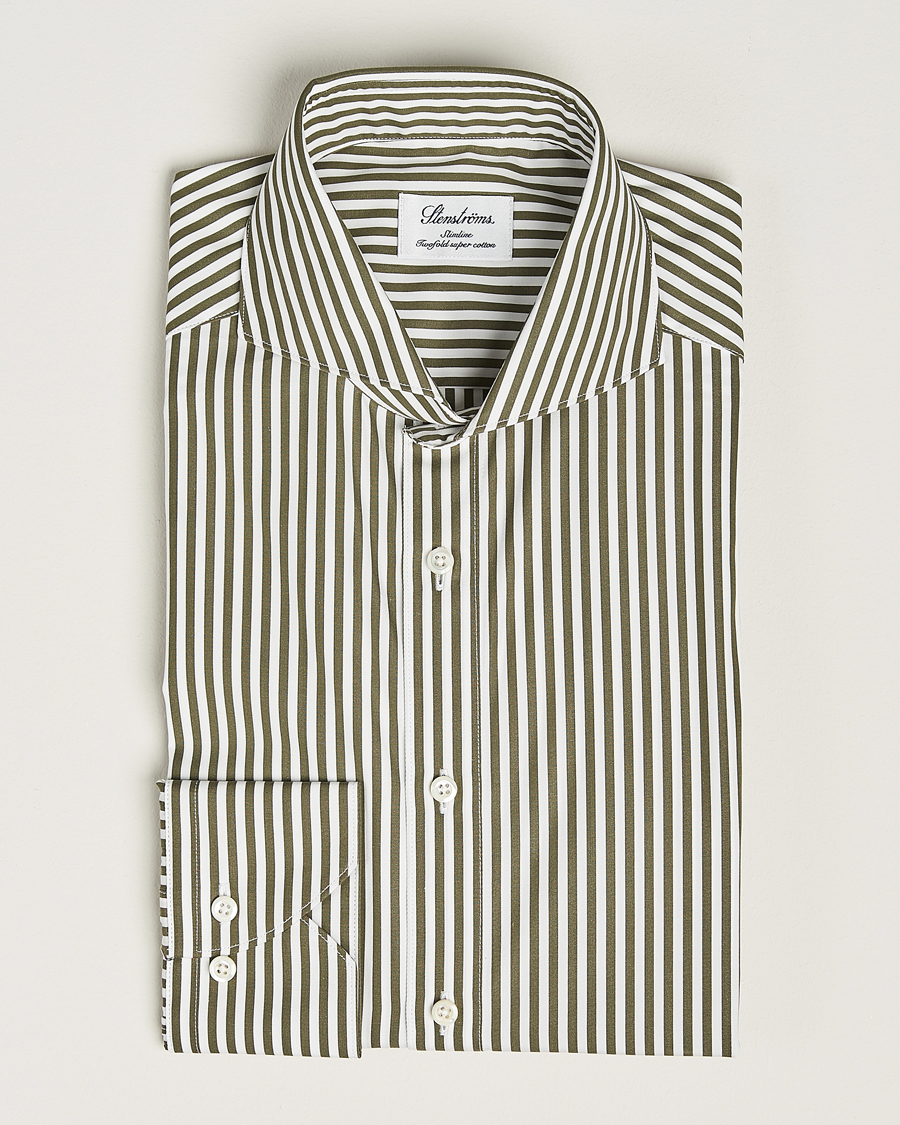 Heren | Overhemden | Stenströms | Slimline Striped Popline Cut Away Shirt Green