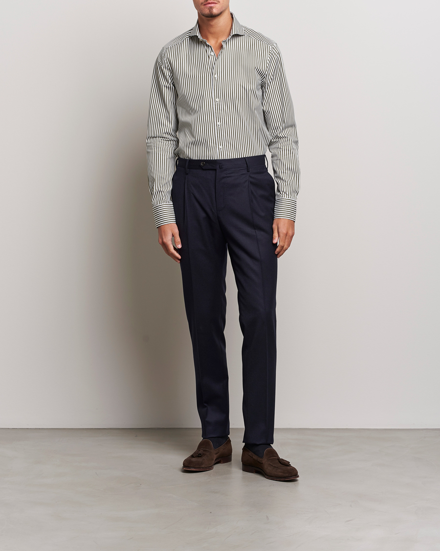 Heren | Overhemden | Stenströms | Slimline Striped Popline Cut Away Shirt Green