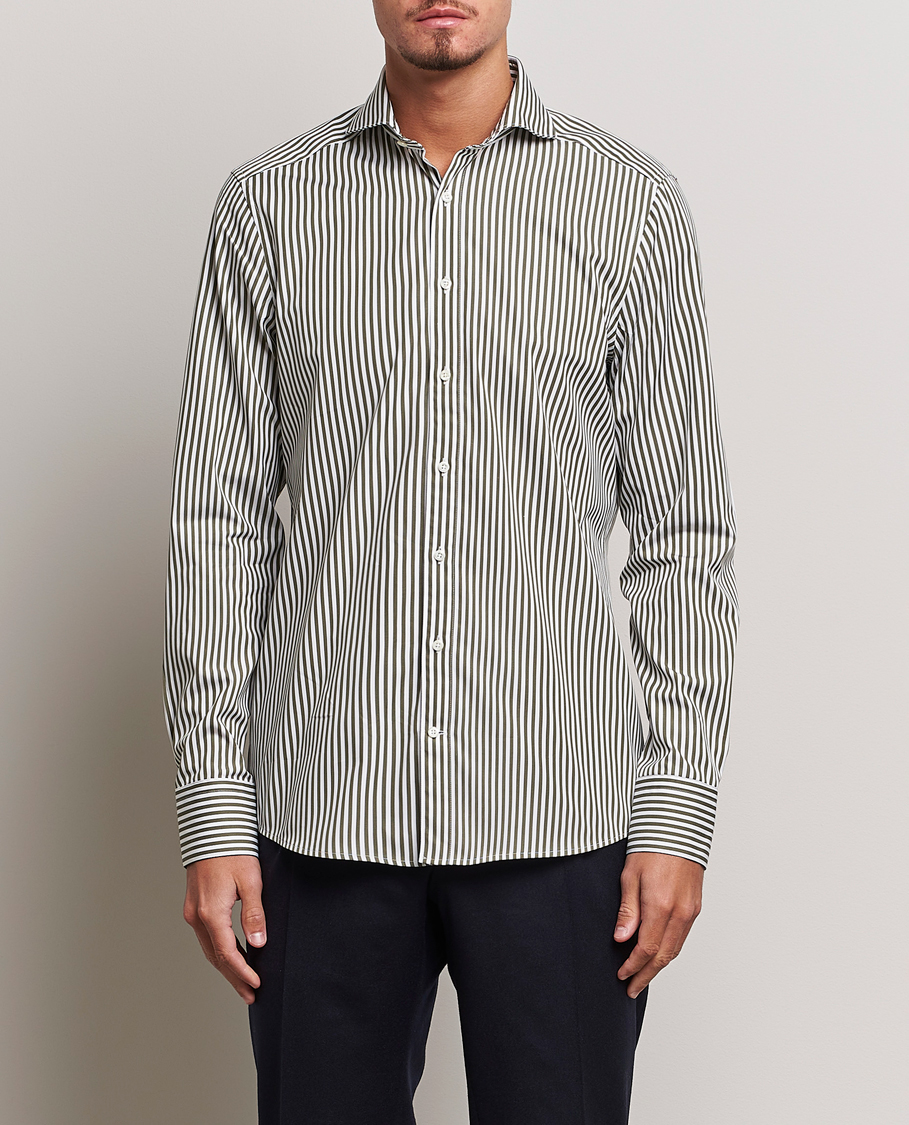 Heren | Overhemden | Stenströms | Slimline Striped Popline Cut Away Shirt Green
