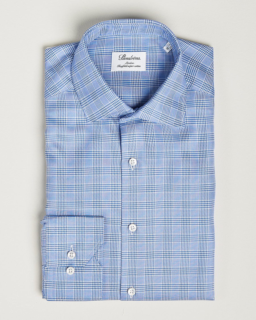 Heren | Overhemden | Stenströms | Slimline Checked Cut Away Shirt Blue