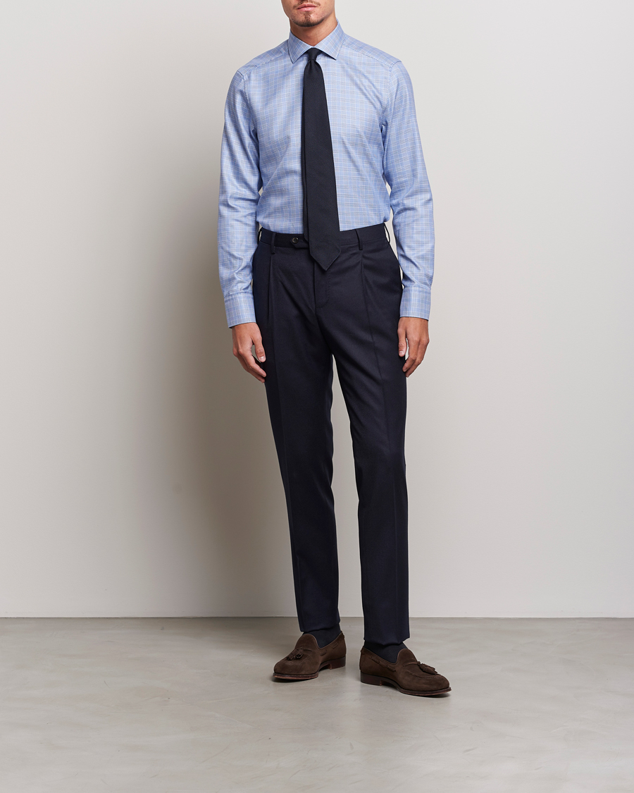 Heren | Overhemden | Stenströms | Slimline Checked Cut Away Shirt Blue