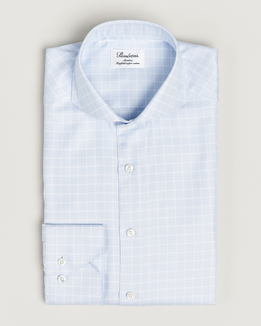 Heren | Overhemden | Stenströms | Slimline Small Checked Cut Away Shirt Light Blue