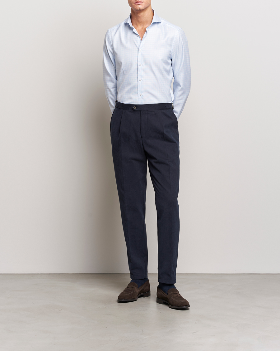 Heren | Overhemden | Stenströms | Slimline Small Checked Cut Away Shirt Light Blue