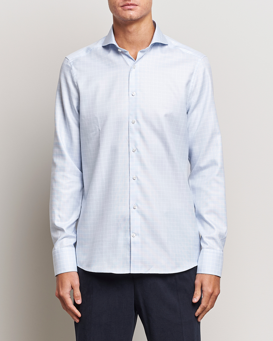 Heren | Overhemden | Stenströms | Slimline Small Checked Cut Away Shirt Light Blue