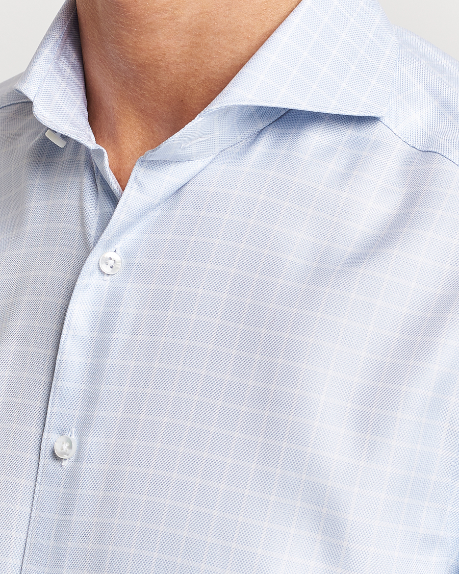 Heren | Overhemden | Stenströms | Slimline Small Checked Cut Away Shirt Light Blue