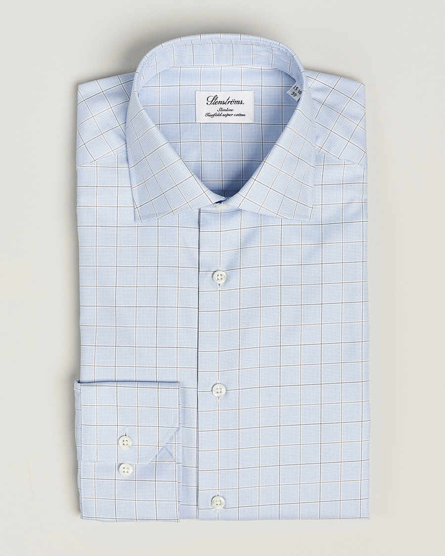 Heren | Overhemden | Stenströms | Slimline Houndstooth Checked Cut Away Shirt Blue